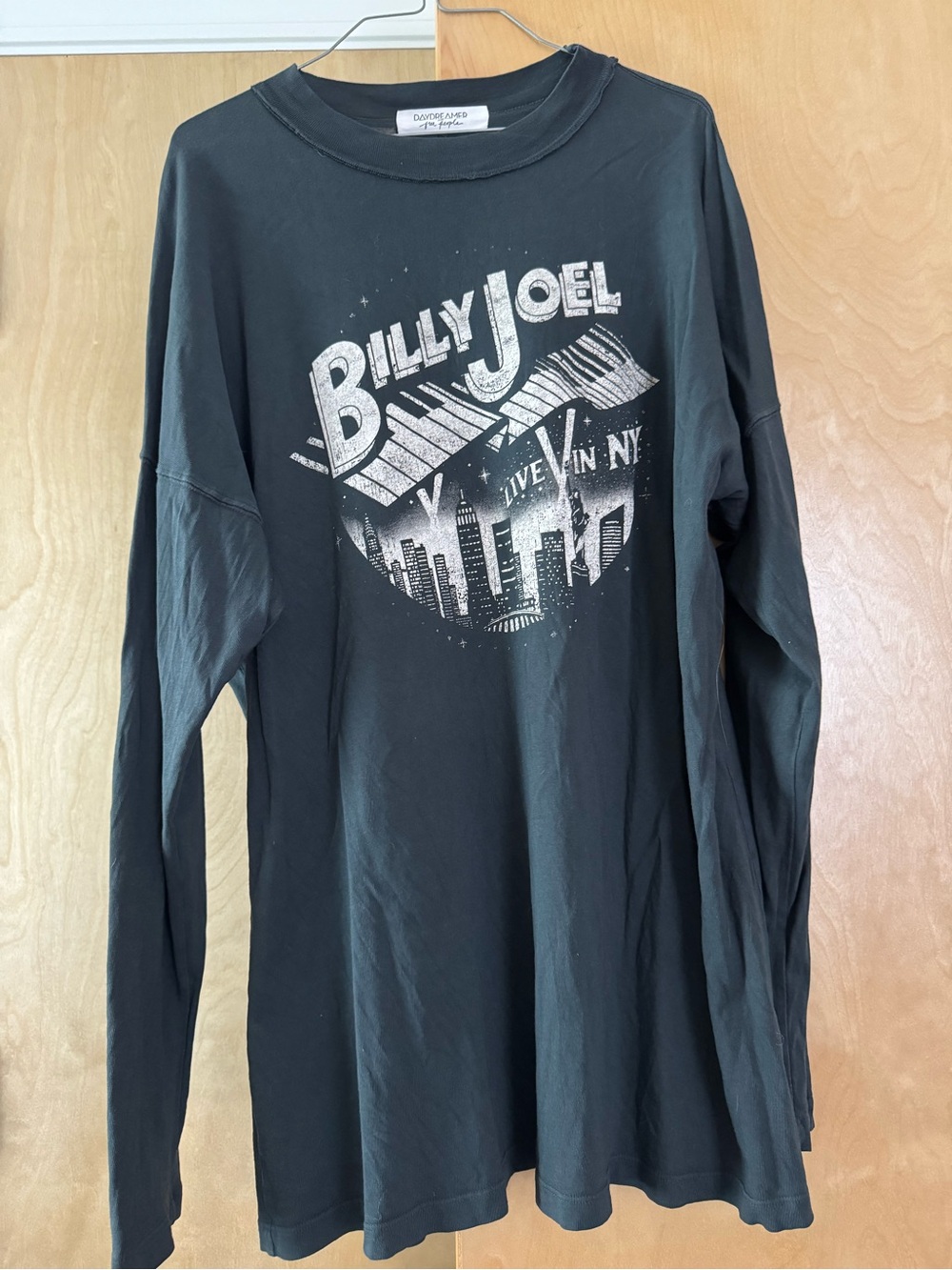 Free People Black Long-Sleeve Graphic Tee with White Billy Joel Print